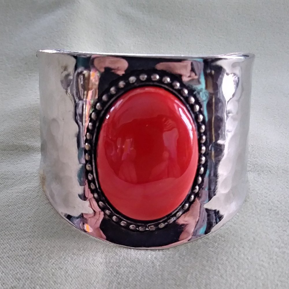 Silver Tone Cuff Bracelet Large Red Stone Gorgeous!
